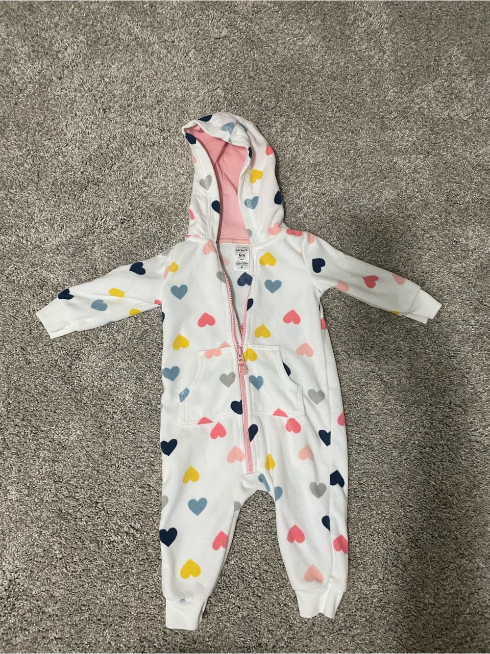 Kids Heart-Print Hooded One-Piece Fleece Jumpsuit- White Multi